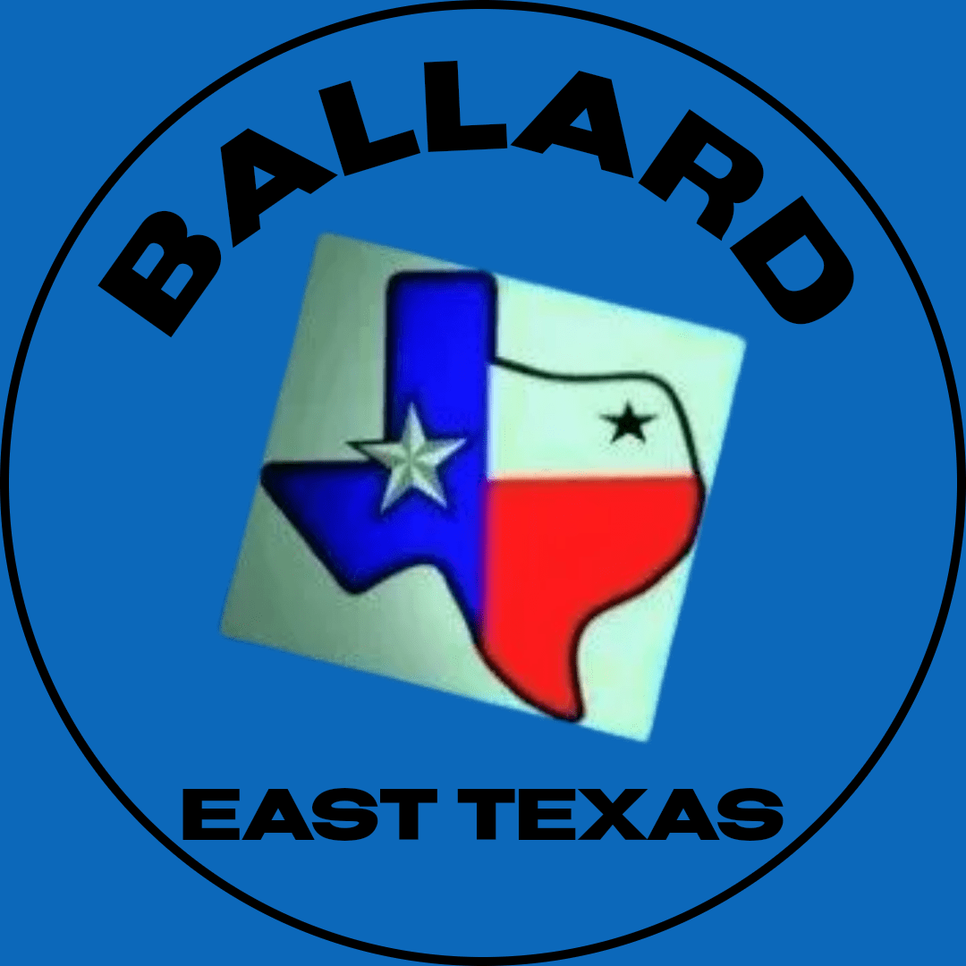 A blue button with the words ballard east texas in it.